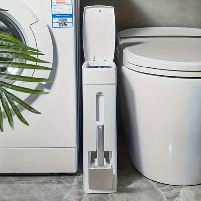 Thùng rác góc siêu mỏng có nắp nhựa, kèm chổi cọ toilet, thích hợp sử dụng trong gia đình, được thiết kế cho phòng tắm và nhà vệ sinh, có nắp nhựa.