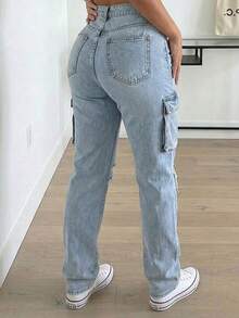 Jkorea Women's High Waisted Light Wash Cargo Jeans - Distressed Ripped Knee Straight Leg Utility Denim Pants - Light Wash - View 3