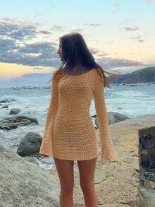 Women's Solid Color Sexy Hollow See-Through Backless Design Long Sleeve Coverup Crop Dress, Suitable For Beach Vacation, Spring/Summer White - Camel - View 7