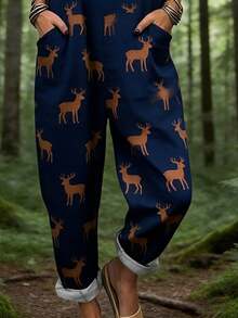 Elk All-Over Print Women's Adjustable Strap Jumpsuit, Polyester Fiber Fabric, Lightweight And Breathable, Women's Clothing, Standard Size Jumpsuit, Plus Size Women's Clothing, Plus Size Jumpsuit And Romper, Plus Size Jumpsuit - 彩色 - 查看 2
