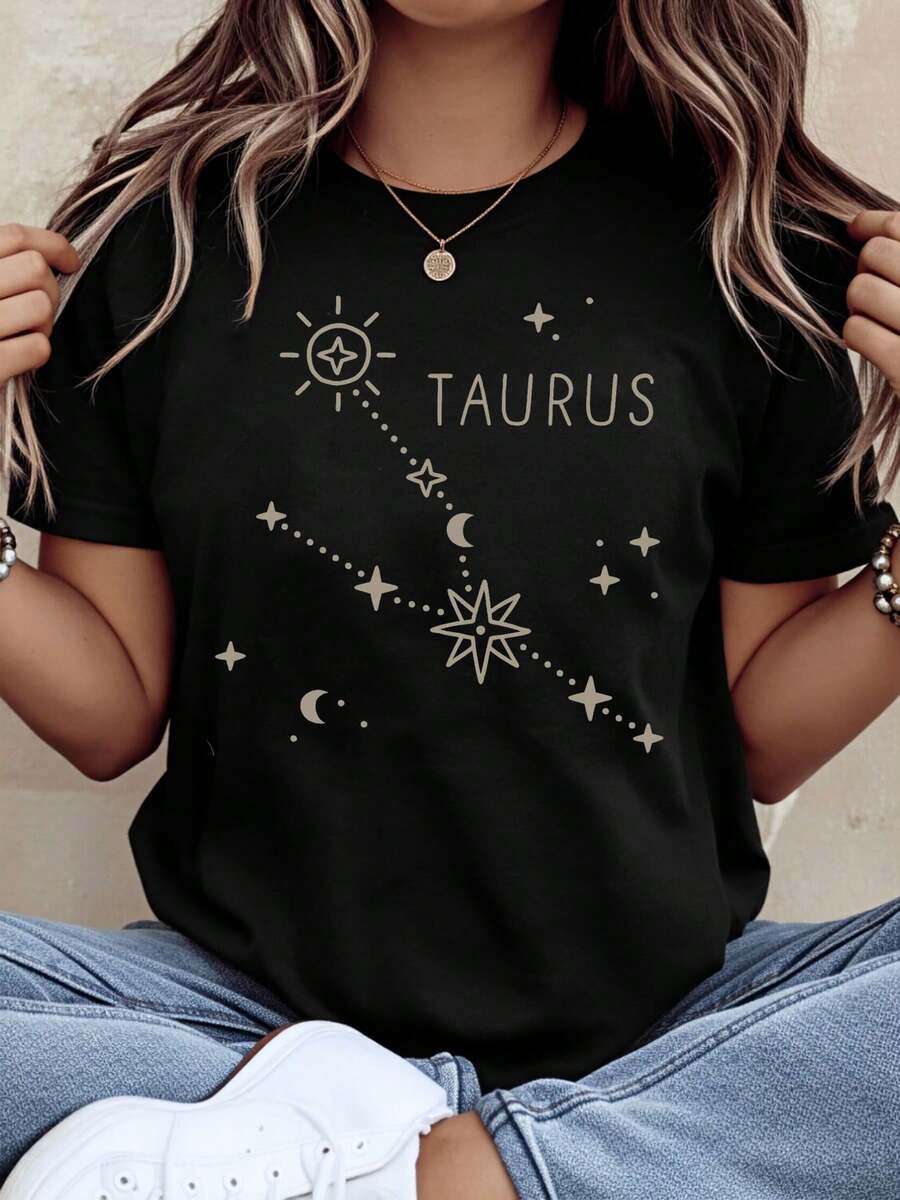 Taurus Zodiac Constellation T Shirt Astrology Star Sign Graphic Tee For Women Casual Astral Fashion Top Celestial Print Shirt Summer Wear,220g - 黑色 - 查看 1