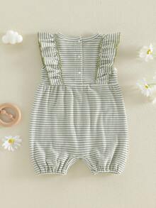 Infant Baby Girls Rompers Daisy Embroidery Stripe Crew Neck Ruffles Fly Sleeve Waffle Infant Bodysuits Jumpsuits - 綠色 - 查看 7