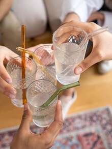 6支玻璃吸管配1个吸管清洁刷，可重复使用弯曲彩色玻璃吸管，8英寸x8毫米防碎可爱饮用吸管，配1个清洁刷，适用于咖啡、果汁、鸡尾酒、茶、饮料 - 彩色 - 查看 6