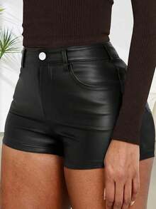 Women's Solid Color Metallic PU Leather Pocket Sexy Shorts Black Summer - 黑色 - 查看 2