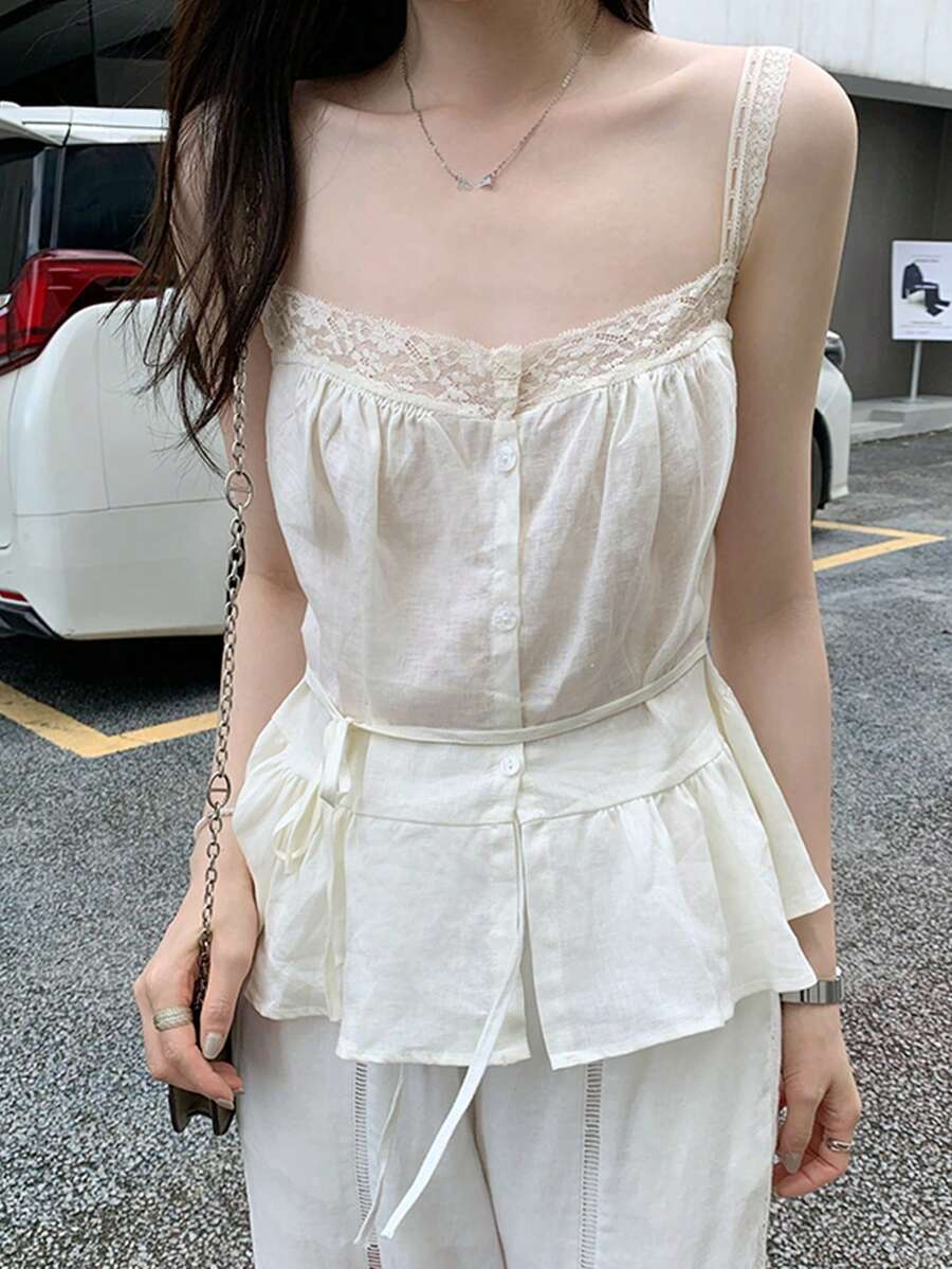 法式浪漫蕾丝边无袖吊带背心,女士款,独特华丽,夏季新款休闲单品 - 杏色 - 查看 1