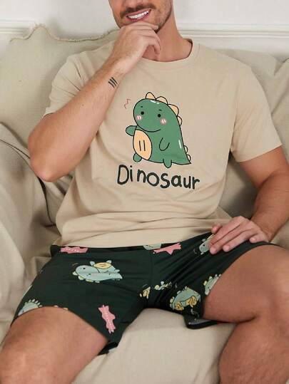 Conjunto de pijama de pantalón corto y camisa de manga corta con estampado de dinosaurio de dibujos animados para hombre, para verano