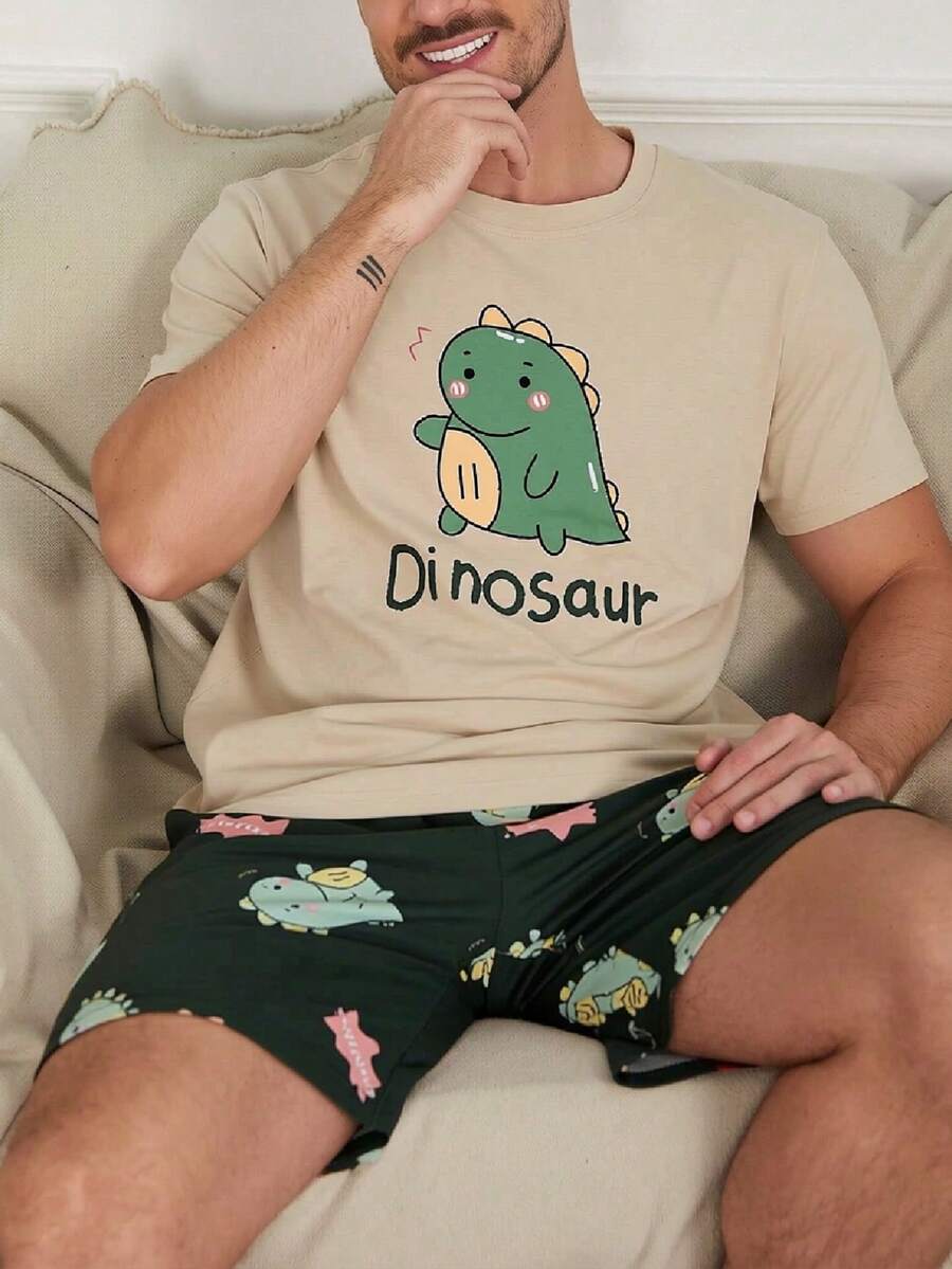 Men's Cartoon Dinosaur Print Short Sleeve Shorts Pajama Set, Summer - Multicolor - View 1