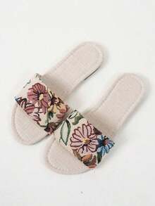 Flat Women Slippers Sandals, Minimalistic Elegant Flat Flower Printed Strap Slip-On,Spring Summer Outfits - Màu be - Xem 5