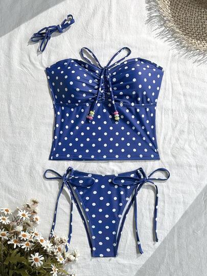 Bộ bikini dây rút chấm bi thanh lịch 2 mảnh kèm phụ kiện đính hạt nhiều màu sắc, bộ bikini đi biển.