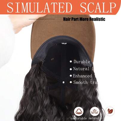 Gorra de béisbol de 22 PULGADAS con peluca sintética adjunta, estilo holgado bordado, pelo largo y esponjoso que cubre toda la cabeza