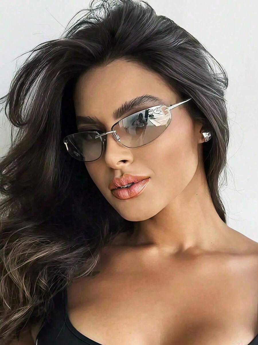 1pc 2025 New Oval Frameless Y2K Fashion Glasses, European And American Retro Elegant Fashion Glasses For Women - 銀框浙水銀 - 查看 1