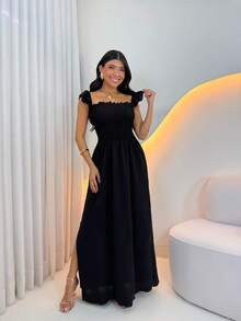 Women's Casual Long Dress With Elastic Straps And Slit - Inexpensive With Elastane - màu đen - Xem 3