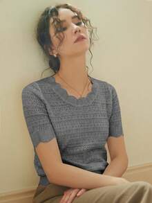 Knit Mix Áo sơ mi nữ thanh lịch, áo thun ngắn tay cổ tròn khoét lỗ, viền ren độc đáo, phù hợp với dáng người nhỏ nhắn, màu trơn, thích hợp mặc thường ngày/công sở, áo mùa xuân/hè, màu kem cổ điển tinh tế, trang phục đi học mùa xuân/hè, cũng thích hợp cho các ngày lễ như Giáng sinh, Lễ Tạ ơn và Năm mới. - Xám - Xem 3