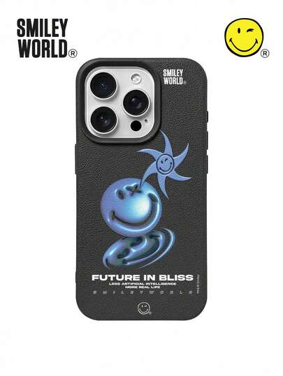 Smiley World SmileyWorld® 单件装全包覆式 TPU 材质纹理手机壳，蓝色笑脸和星星图案，UV 印刷，兼容 16、15、14、13、12、11 Pro Max，适合作为节日礼物、日常通勤使用，防摔设计，品质优良。