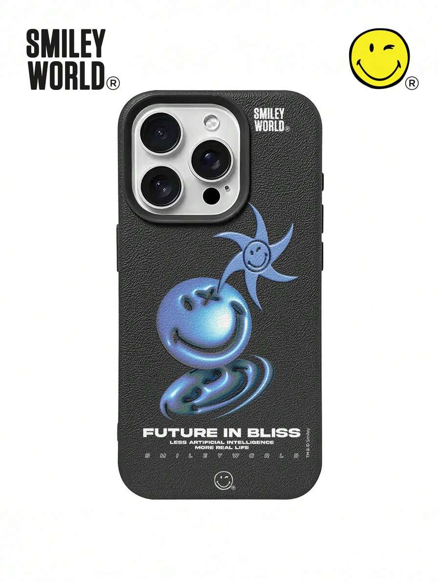 Smiley World SmileyWorld® 单件装全包覆式 TPU 材质纹理手机壳，蓝色笑脸和星星图案，UV 印刷，兼容 16、15、14、13、12、11 Pro Max，适合作为节日礼物、日常通勤使用，防摔设计，品质优良。 - 彩色 - 查看 1