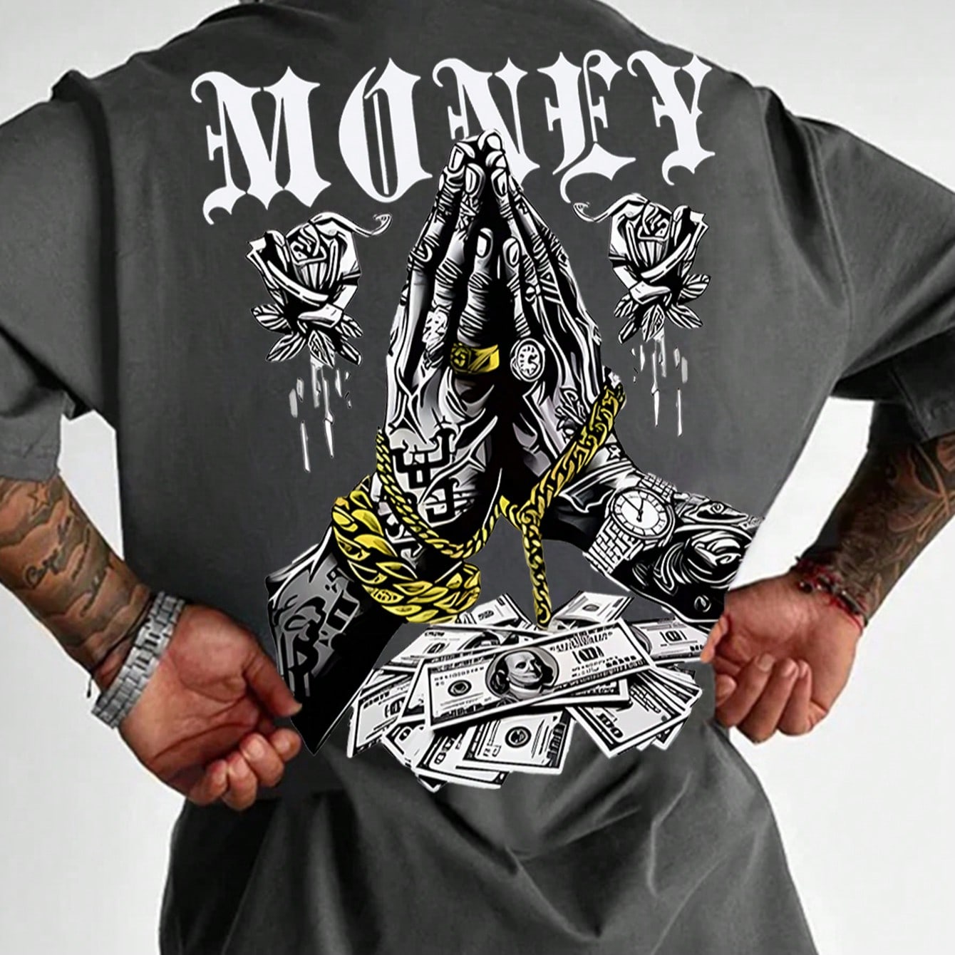 Camiseta de manga corta casual y versátil para hombres con estampado de elemento de dinero simple