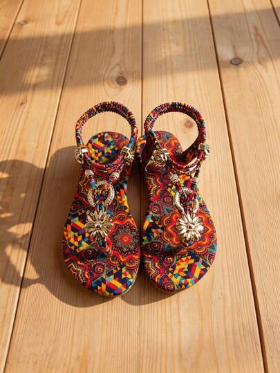 宝藏单品：适合3-12岁儿童的波西米亚风凉鞋。高饱和度撞色设计，搭配精美图案。多色编织鞋带，露趾平底，后跟弹性系带。异域风情复古休闲风。适合度假旅行、日常购物、轻度复古活动。春夏外穿的完美之选！