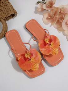 French Style Flower Decor One-Strap Flat Sandals, Suitable For Dates, Shopping, Gatherings, Parties, Commuting, Business, Summer - Coral Orange - View 5