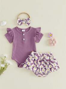 Newborn Baby Girls Summer Outfit Short Sleeve Romper Daisy Print Layered Ruffled Shorts Headband 3Pcs Clothes Set - 紫色 - 查看 1