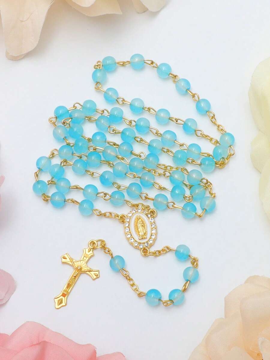 KOMI 1 件多色手工串珠祈祷珠项链，带水晶水钻，圣母玛利亚吊坠礼物 - 淺藍色 - 查看 1