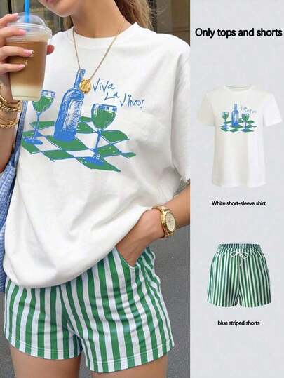 Conjunto de dos piezas para mujer de otoño: Camiseta blanca y shorts a rayas verdes
