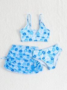 Bộ bikini in hoa mùa hè dành cho bé gái, kèm áo khoác ngoài có dây rút và váy xếp ly, gồm 3 món. - Màu xanh lam - Xem 2