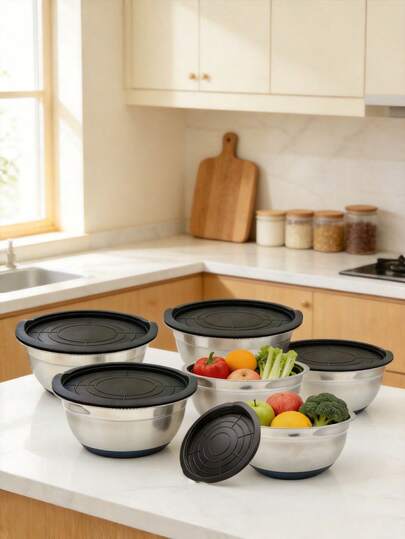 1 pieza/Set de 5 piezas, Ensaladera con Tapa, Conjunto de Tazón de Mezcla de Frutas, Accesorios de Cocina, Ensaladera de Acero Inoxidable con Base de Silicona y Tapete Antideslizante, Adecuado para Almacenamiento de Alimentos, Preparación de Comidas, Ensaladas, Herramienta de Cocina