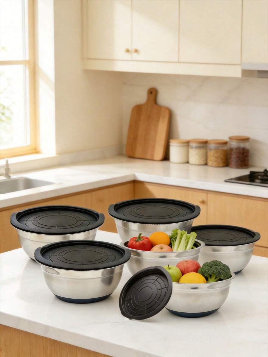 Bộ 1/5 món, bát trộn salad có nắp, bát đựng trái cây, bộ bát trộn, phụ kiện nhà bếp, bát trộn salad bằng thép không gỉ với đế silicon và thảm chống trượt, thích hợp để bảo quản thực phẩm, chuẩn bị bữa ăn, làm salad, dụng cụ nhà bếp. - màu đen - Xem 1