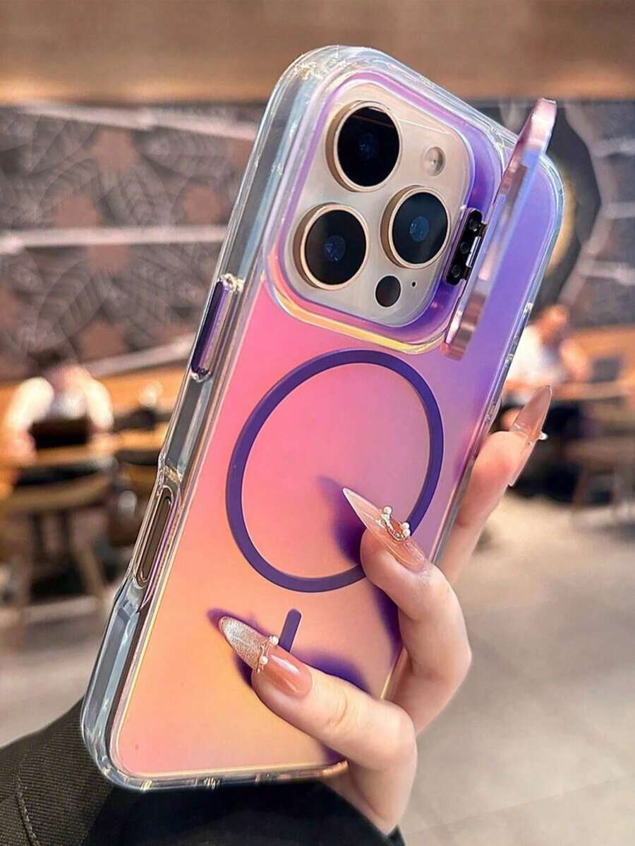 Luxury Gradient Laser Magnetic Wireless Charger Wristband Strap Phone Case Compatible With IPhone AIR 17 16 15 14 13 12 Pro Max Plus Lens Bracket Soft Back Cover - Purple - View 1