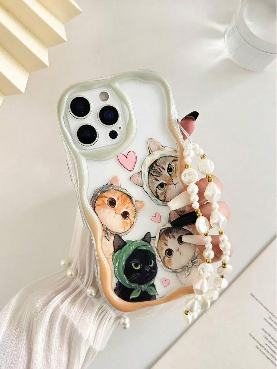 Cream Textured Wavy Edge Glossy Cat Painted Anti-Drop Phone Case With Beaded Bracelet Accessory, Compatible With IPhone 17pro/17Air /17/17promax16/11/16pro/16plus/16promax/16e/15Promax/13/14/12/XS/XR/7G/8P, Galaxy 11/12Pro/12/12X/13Pro/14Pro/15Pro/, 10/9/Note9/12c/Note11pro/Note8Pro - Multicolor - View 1