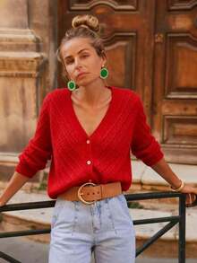 Solid Color Cardigan Long Sleeve Knit Sweater Jacket, Autumn/Winter - Đỏ - Xem 4