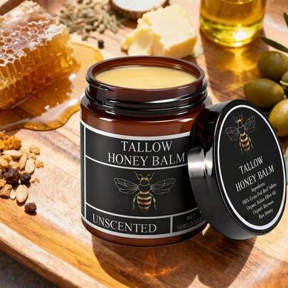 Organic Grass-Fed Beef Tallow & Raw Honey Balm - Moisturizing Cream For Soft, Smooth Skin - Handmade Unscented Skincare (2 Oz) - Women's Gift, Holiday Gift