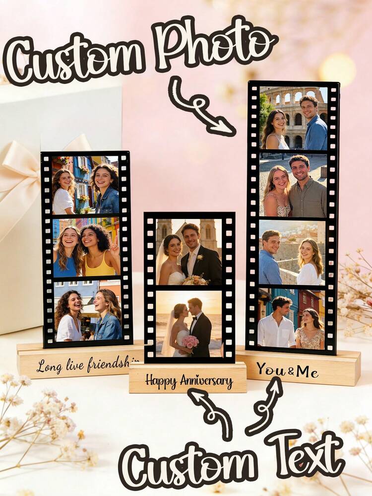 Customizable Acrylic Photo Display Stand - Allows Personalization Of Photos And Text. Offers Configurations For 2, 3 Or 4 Photos, Paired With A Carefully Crafted Natural Wood Base. Designed With A Classic Movie Theme. Ideal For Wedding Decor, Engagement Displays, And Desktop Decoration. - Multicolor - View 4