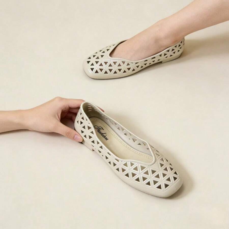 2026 Sommer Neue Damen Cut Out Quadratische Zehenspitze Flache Loafer, Atmungsaktive Weiche Sohle Slip-On Lässig Schuhe, Vielseitige Flache Riemchen Sandalen - Aprikosenfarben - Übersicht 1