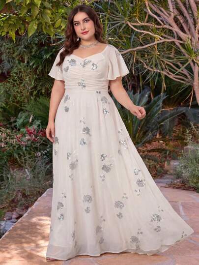  Đầm dạ hội bằng chiffon ôm sát, cổ tim, tay bồng, xếp ly dành cho nữ cỡ lớn UNITHORSE