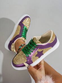Zapatillas deportivas casuales de mujer para primavera/otoño, de puntera redonda y suela baja, fáciles de limpiar, cómodas y versátiles, de color blanco, con bloques de color, estilo retro vulcanizado, adecuadas para todas las estaciones - oro púrpura - Ver 7