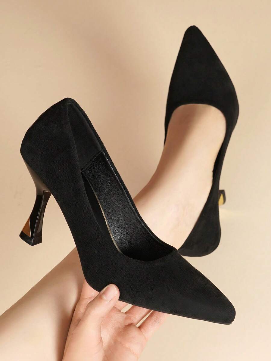 2026 Spring/Autumn Student Etiquette High Heel Shoes, Comfortable Suede Pointed Toe Mid Heel Black Work Pumps For Women - Black - View 1
