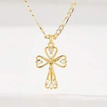 1pc Classic European & American Style Copper Inlaid Zirconia Small Hollow Cross Jesus Pendant Necklace, Limited Edition, Suitable For Christmas/Thanksgiving/Halloween/Mother's Day/Valentine's Day Gifts, Catholic First Communion, Daily & Holiday Wear, Prayer - Yellow Gold - View 8