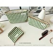 Nylon Checker Makeup Bag Set 3 with Compartment Cosmetic Toiletry Travel PouchPurse Accessory Organizer 3-Size Beige Green Plaid Canvas Lined - Juego de 3 compartimentos con cuadros verdes y beige - Ver 3