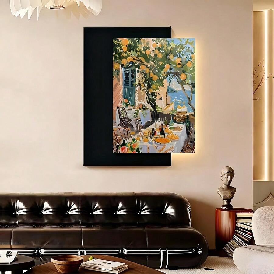 Con marco 1 pieza de lienzo enmarcado Dolce Far Niente | Escena italiana relajante con árboles de cítricos y vista al mar, ideal para decoración de sala de estar, dormitorio, estudio, comedor y balcón - Enmarcado - Ver 1