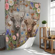 1pc/4pcs Highland Cow & Floral Retro Animal Pattern Multifunctional Bathroom Decor Shower Curtain Set, Free 12 Hooks Included, Elegant Holiday Atmosphere, Bathroom Mat, U-Shaped Toilet Mat And Round Toilet Mat, Suitable For All Scenarios Bathroom Set - Highland Cattle 2 - View 10