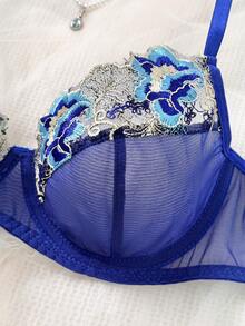 女士两件套棕色花卉刺绣缎面薄纱钢圈文胸和丁字裤内衣套装 - 藍色 - 查看 4