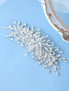 1pc Elegant Silver Crystal Leaf Handmade Bridal Hair Comb, Teardrop Transparent Crystal Bead Decor, Wedding Bride Bridesmaid Party Accessory - Silver - View 3