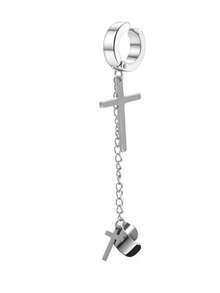 1pc No Piercing Four-Pointed Star Ear Clip Earrings, Unisex Unique Design Ear Cuff Ear Chain, Hip Hop Black Ear Hanging Jewelry - Cross - View 8