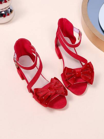 1 par de sandalias de tacón alto de verano para niñas, tacón grueso de punta puntiaguda, decoración de lazo de doble capa con strass, tacones altos de moda con tiras trenzadas rojas, adecuados para fiestas y reuniones
