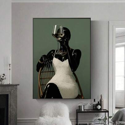 1pc Framed/Unframed Holding Wine Afrocentric Fashion Canvas Poster Boho Luxury African Girl Bar Cart Wall Art Print Aesthetic Chic Decor Stylish Painting For Apartment,Living Room,Bedroom,Modern Home Decoration