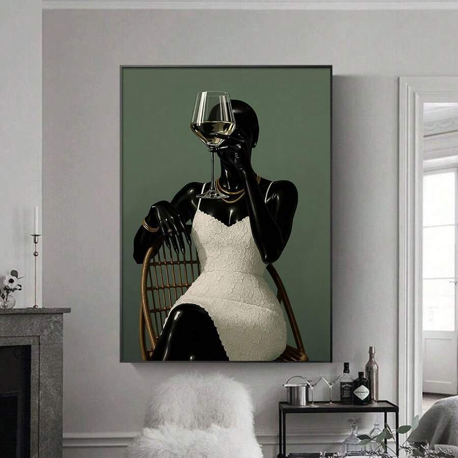 1幅带框/不带框非洲风情时尚帆布海报，描绘一位手持葡萄酒的非洲女孩，风格波西米亚奢华，酒吧推车造型，墙面艺术印刷品，美观别致，适合公寓、客厅、卧室、现代家居装饰。 - A - 查看 1