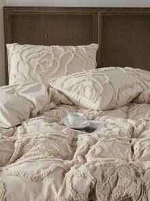 2/3件套卡其玫瑰簇绒提花涤纶被套组，现代奢华四季床上用品套装（1个被套+1/2个枕套），柔软透气，无填充物 - 卡其色 - 查看 5