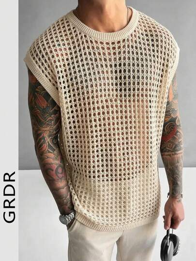 GRDR Camiseta sin mangas de punto de unicolor con diseño calado para hombres, top de punto holgado de estilo casual vintage americano