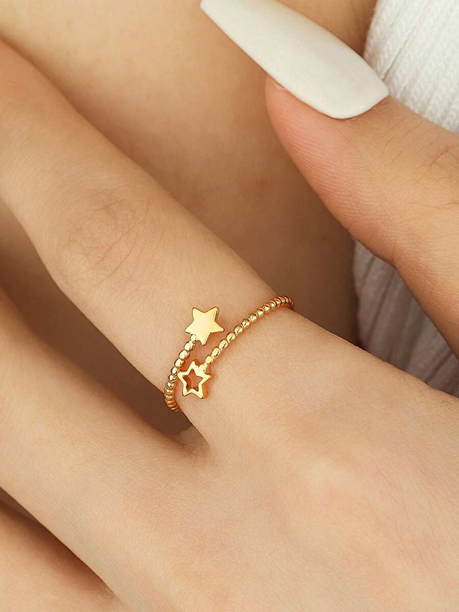 1 chiếc nhẫn hở bằng thép không gỉ tối giản, đối xứng, có thể điều chỉnh kích thước, thích hợp làm quà tặng cho nữ, dự tiệc, họp mặt hoặc đeo hàng ngày. - Vàng - Xem 1